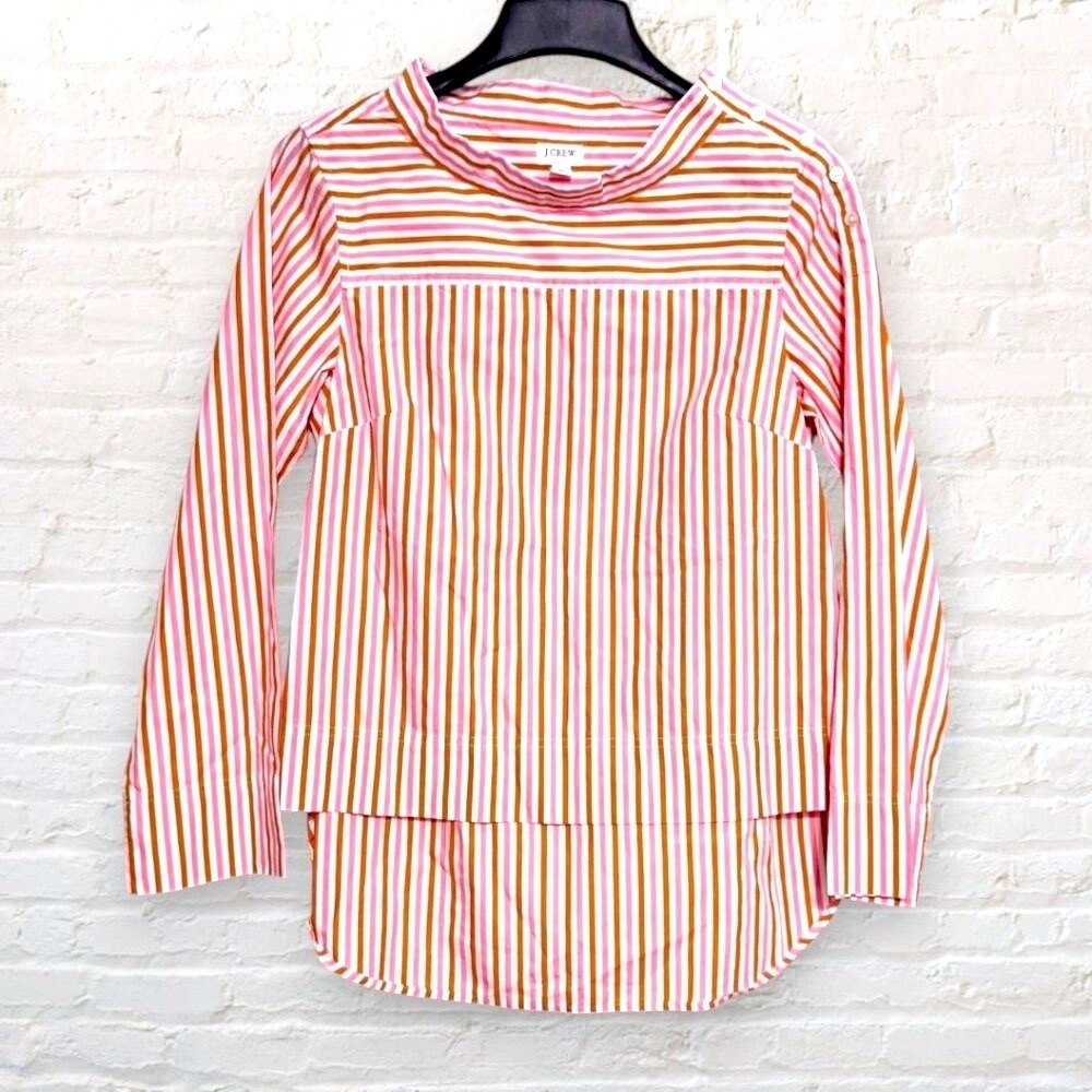 J CREW Pink Gold Brown Stripe Cotton Funnel Neck Blouse Tunic Top Womens M